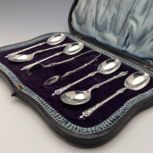 1912 年英國古董 6 純銀茶匙和糖鉗套裝,裝在阿特金兄弟盒中